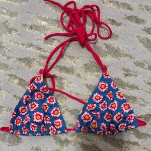 Heavy Manners Teal Floral Triangle Bikini Top with Red Straps